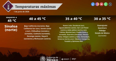 Se esperan temperaturas máximas de 40 a 45°C en el noreste de Baja California, sur de Baja California Sur, este y sur de Sonora, noroeste y suroeste de Chihuahua